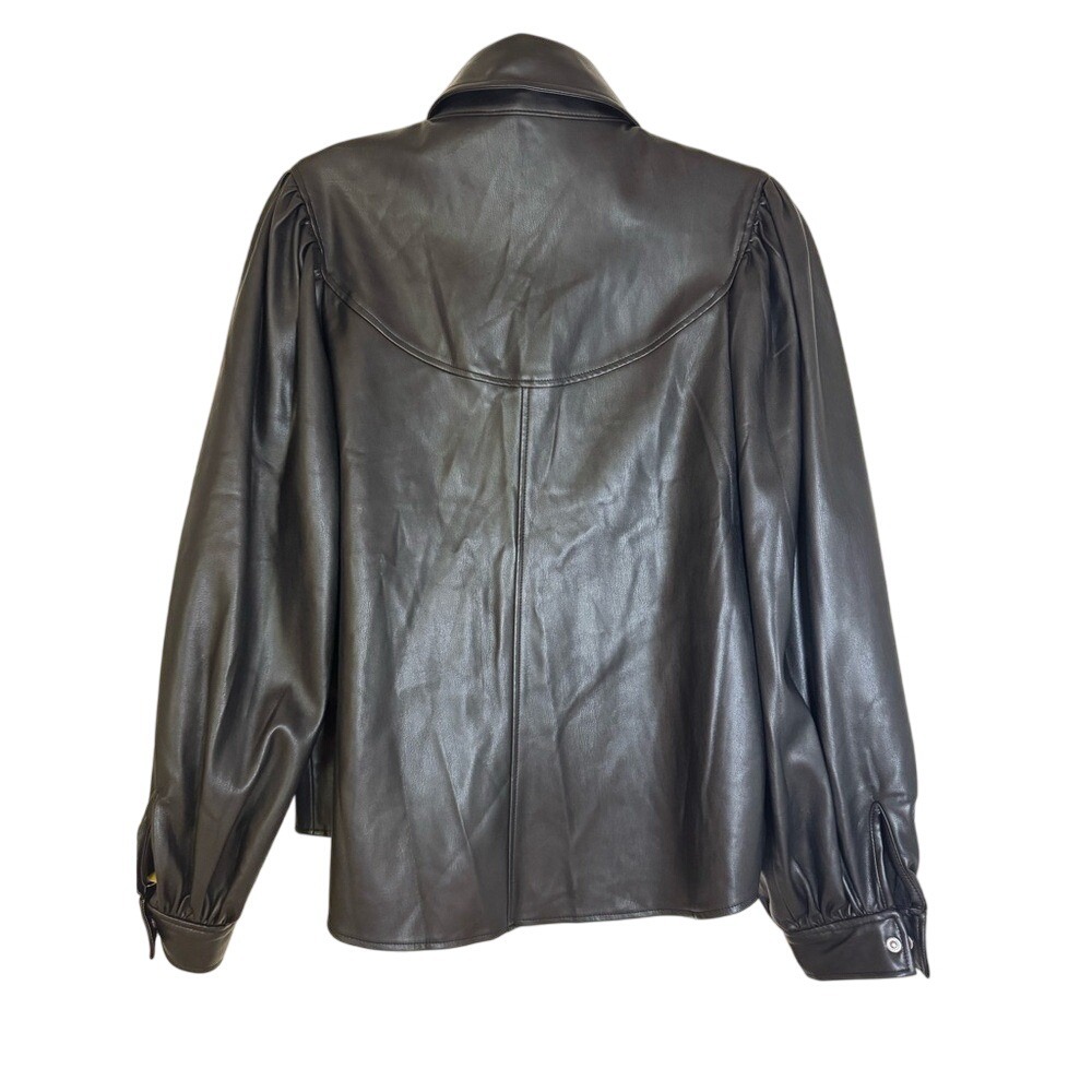 Zara Black Vegan Leather button up‎ blouse puff long sleeve, Medium - Picture 4 of 8